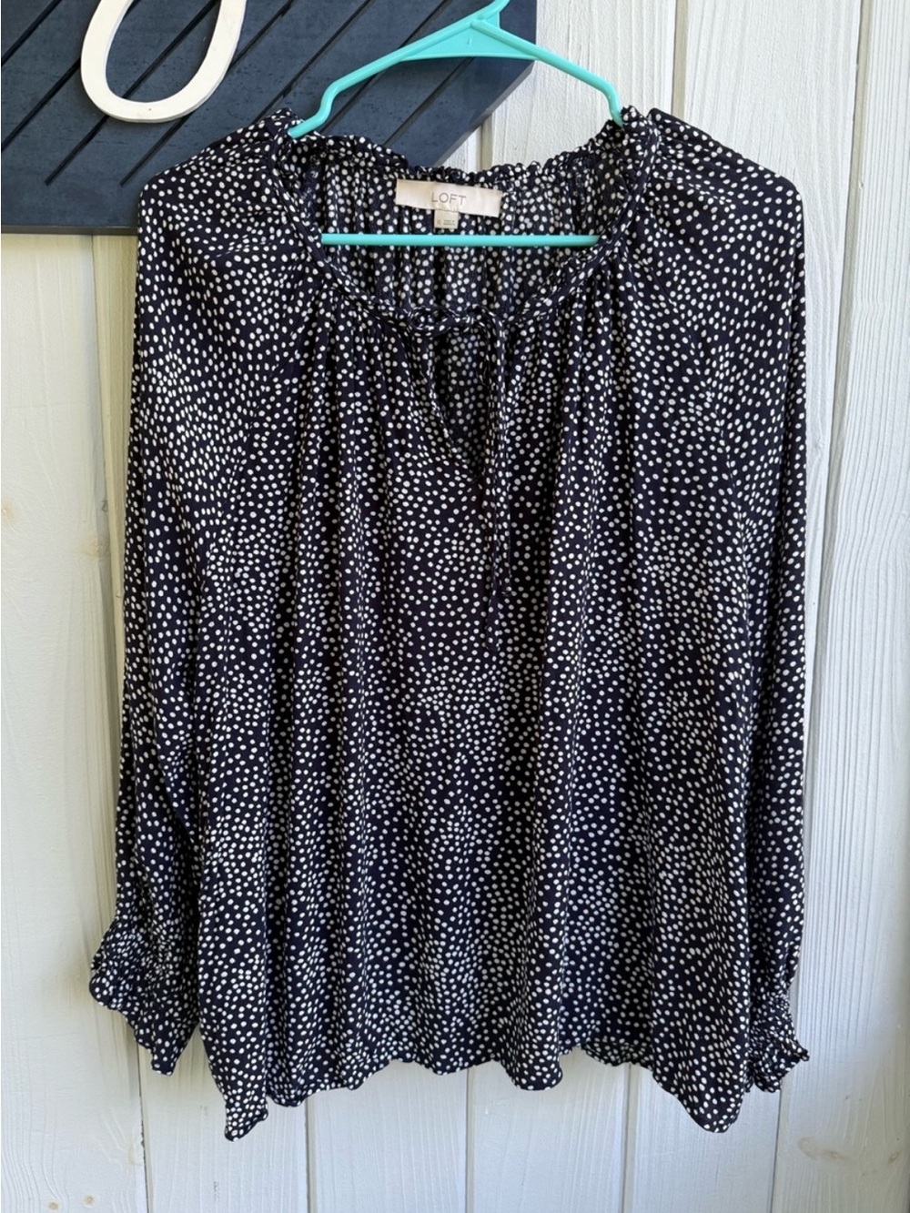 LOFT Black with White Dot Ruffle Neck Blouse